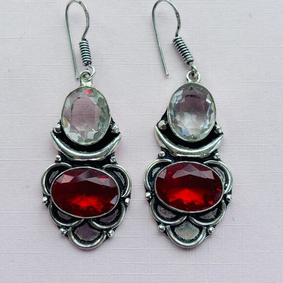 925 Sterling Garnet & White Topaz Dangle Earrings - Picture 4 of 6